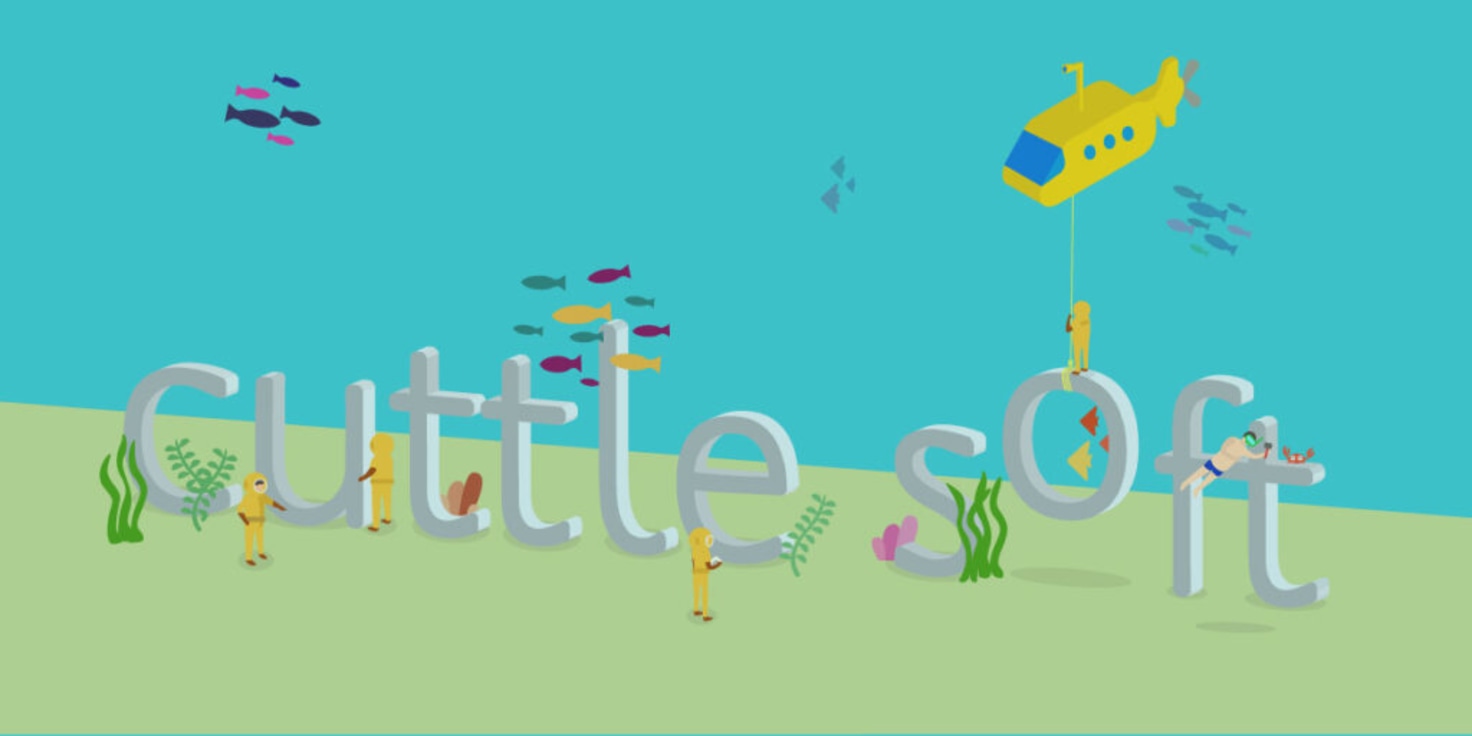 Underwater assembly of the Cuttlesoft name illustrating the creative combination of Cuttlefish and Software