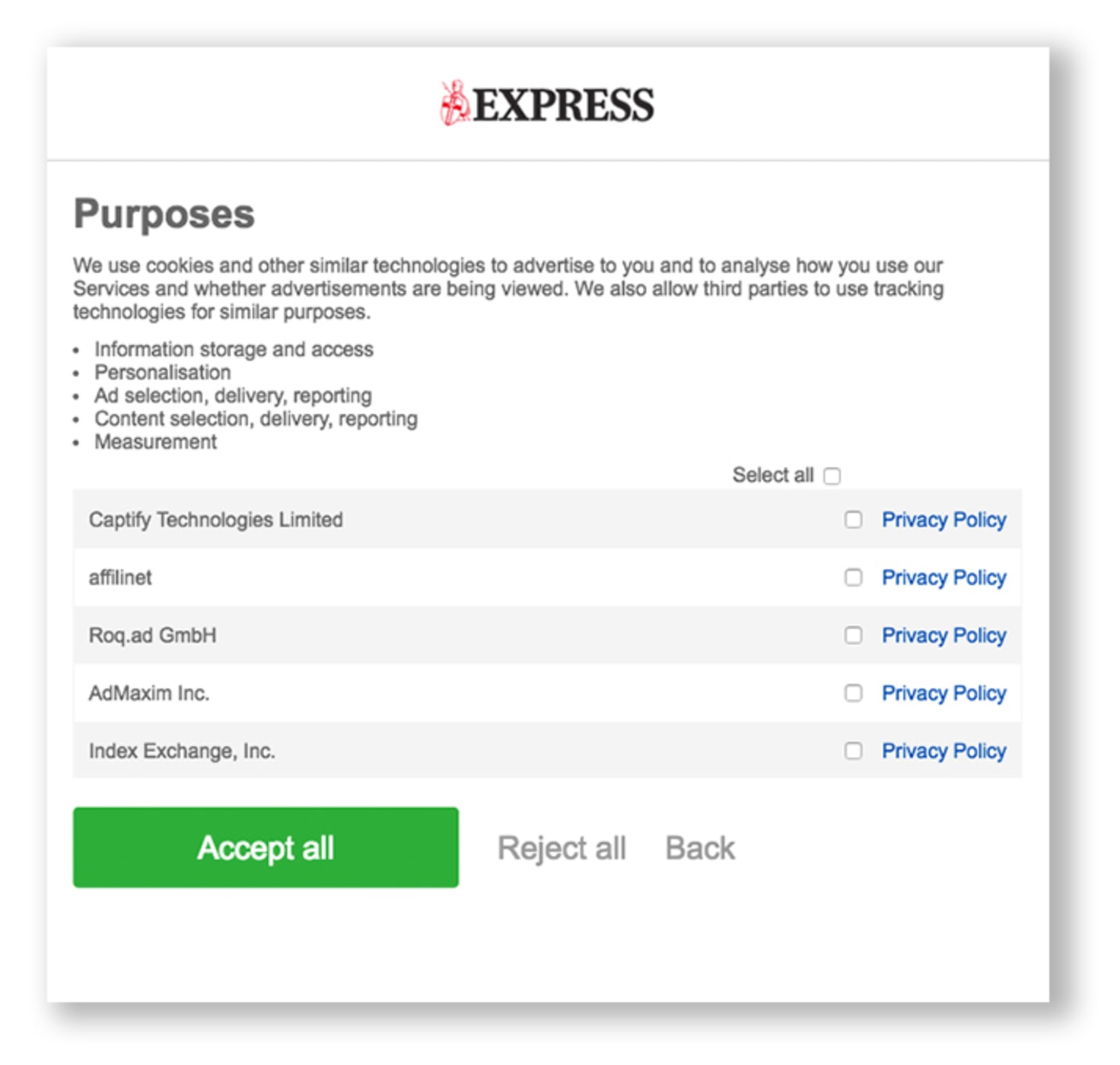 A page showing the additional cookies ussed by Express, which can be disabled. GDPR Compliant Cookie Opt-In Examples.