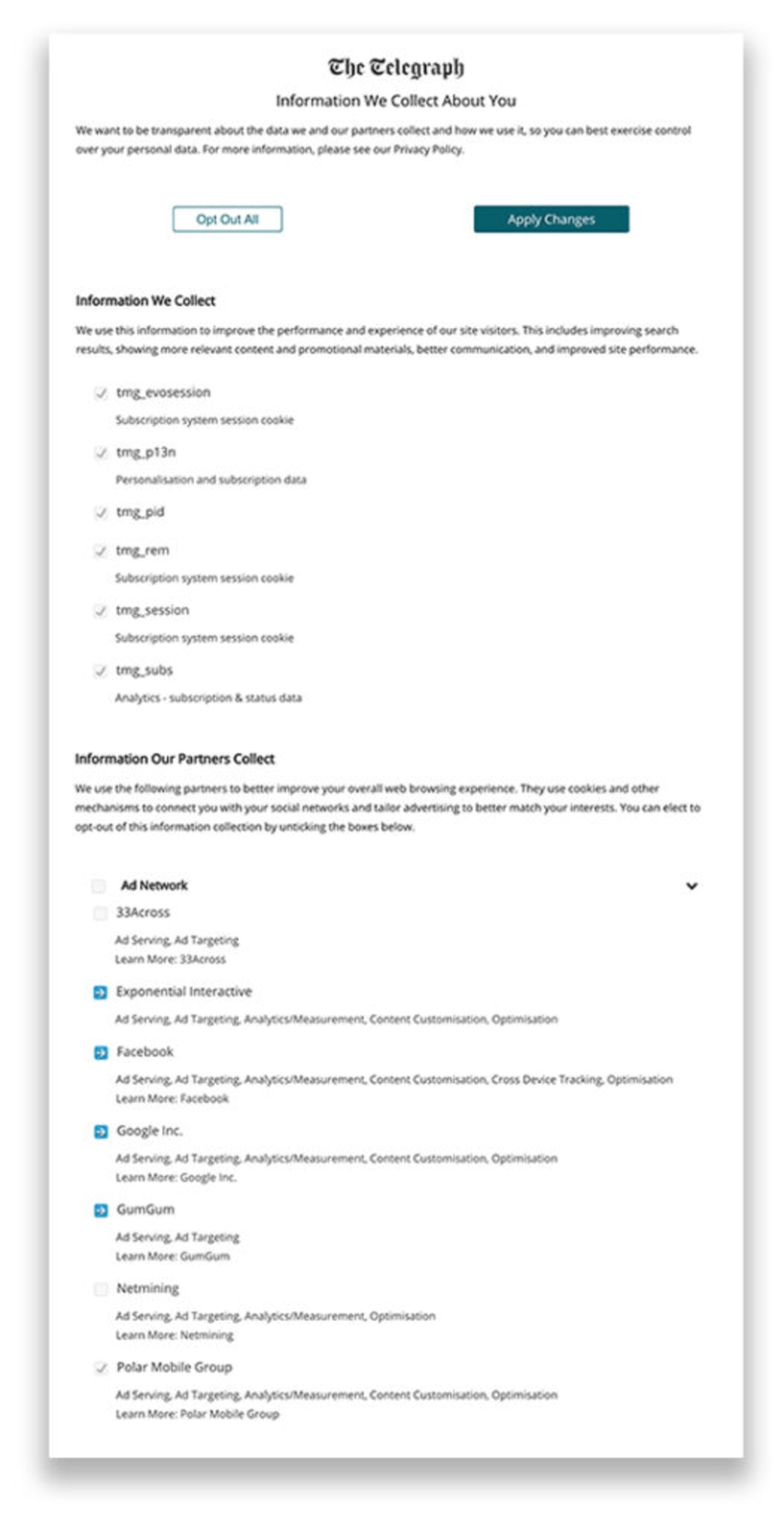 A form with many boxes to check to disable cookies. GDPR Compliant Cookie Opt-In Examples.