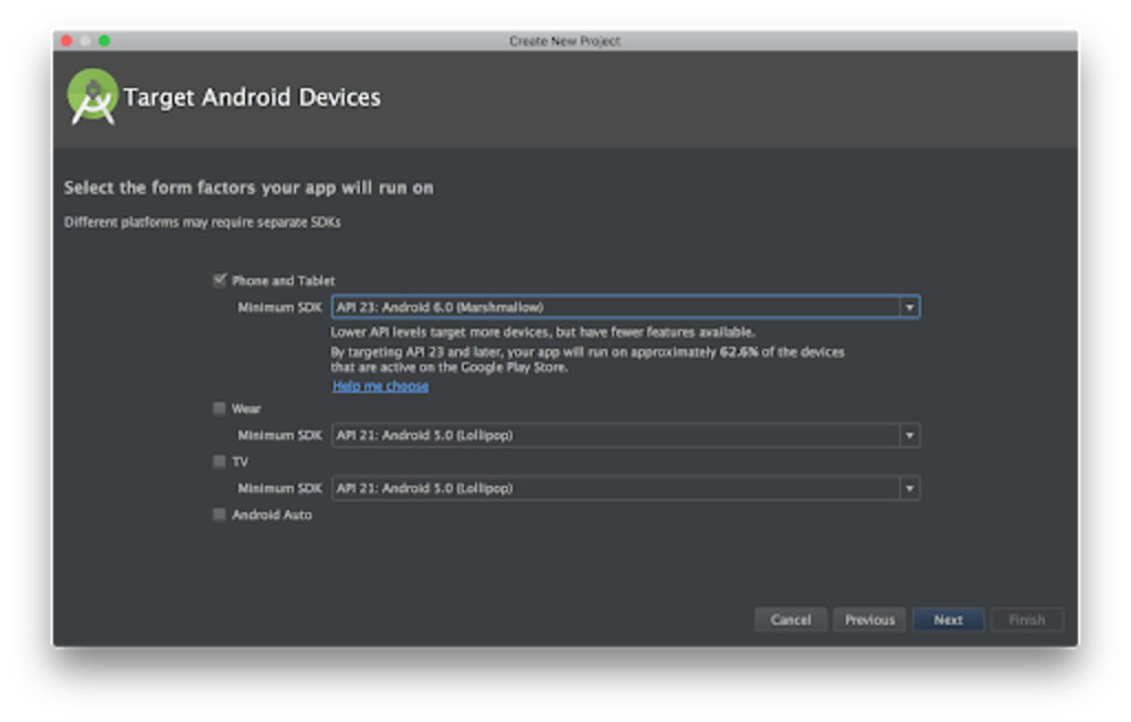 A screenshot of an Android Studio dialog window where an Android Developer would select their target SDK minimum version and maximum version.