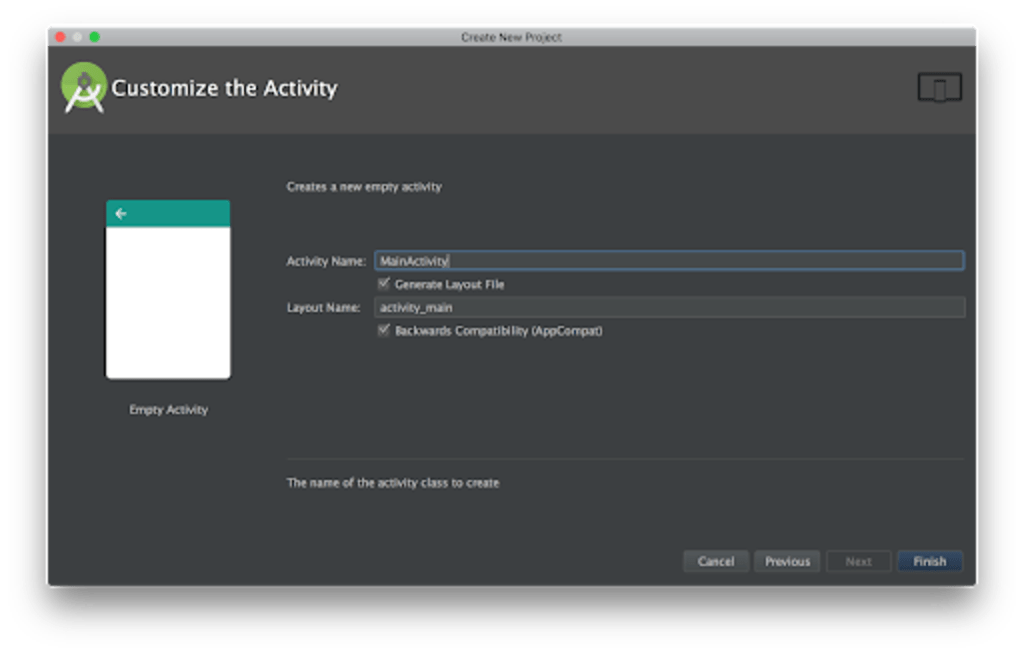 A screenshot of an Android Studio dialog window where a Android Developer would customize the activity and give it a name.