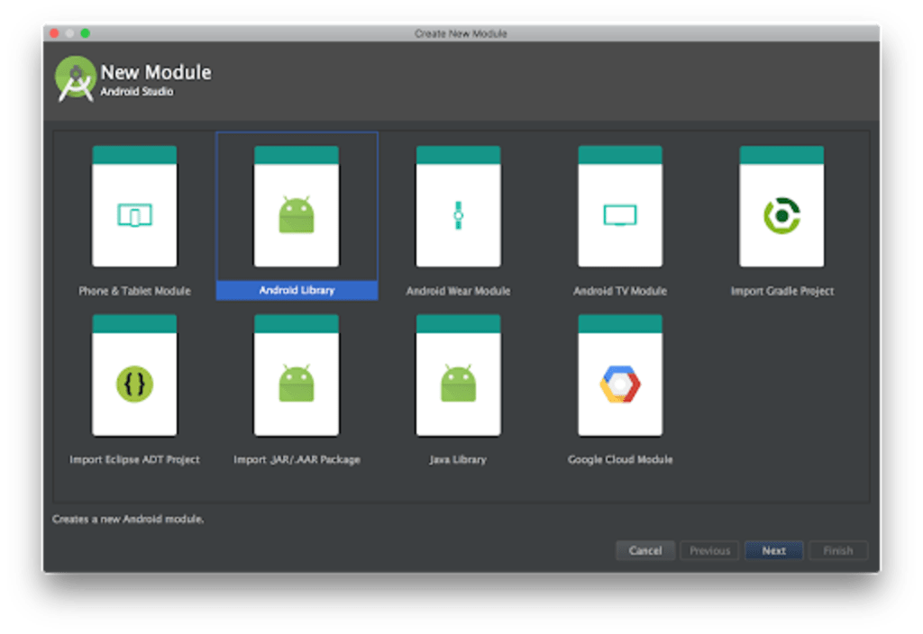 A screenshot of an Android Studio dialog window where an Android Developer would select Android Library.