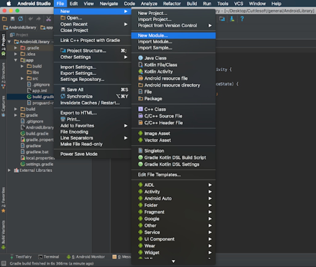 A screenshot of a Android Studio with the File toolbar open so an Android Developer can create a new module.