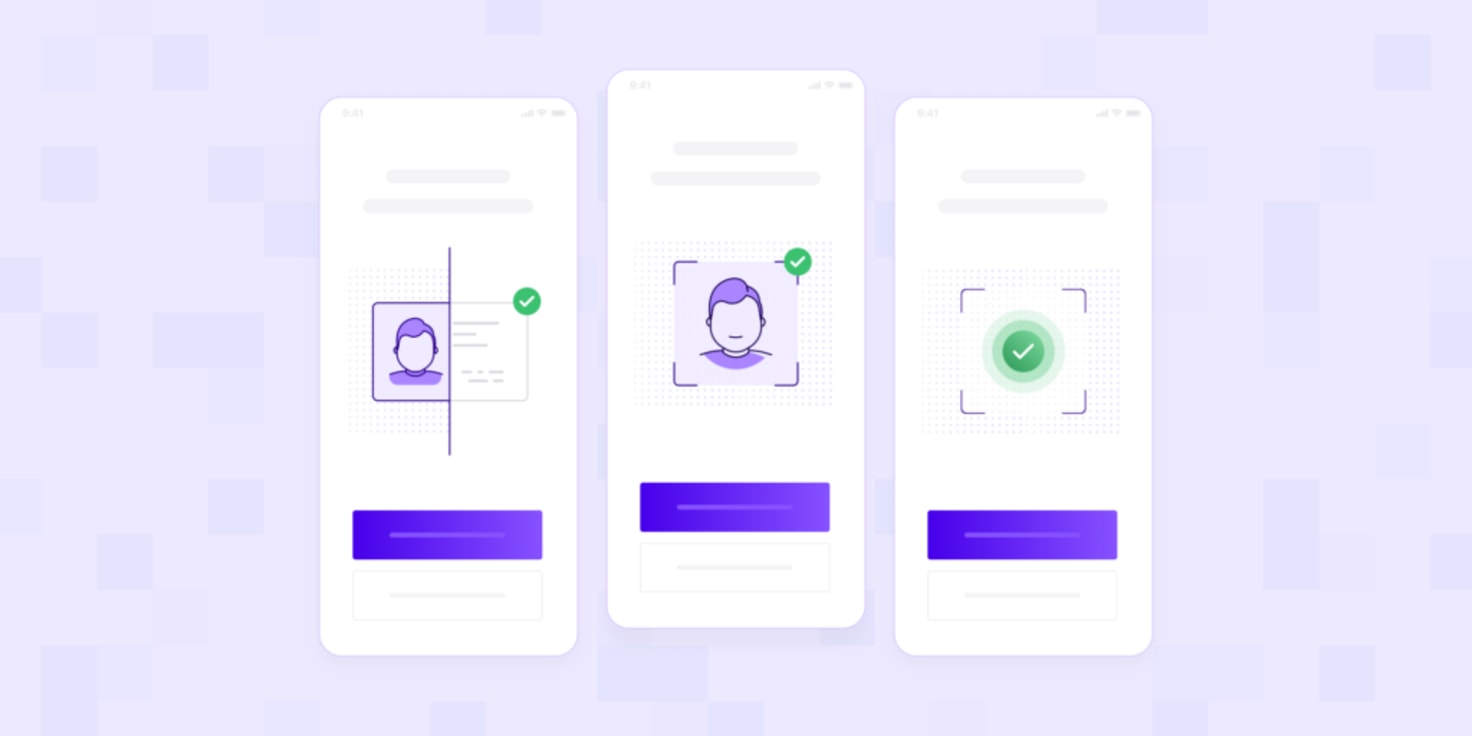 Illustration of Cuttlesoft's fintech software user interface for secure identity verification. Three smartphone screens show steps of biometric authentication: document scan, facial recognition, and successful verification. Purple and green accents highlight Cuttlesoft's design for seamless, user-friendly fintech experiences in mobile banking and financial apps.