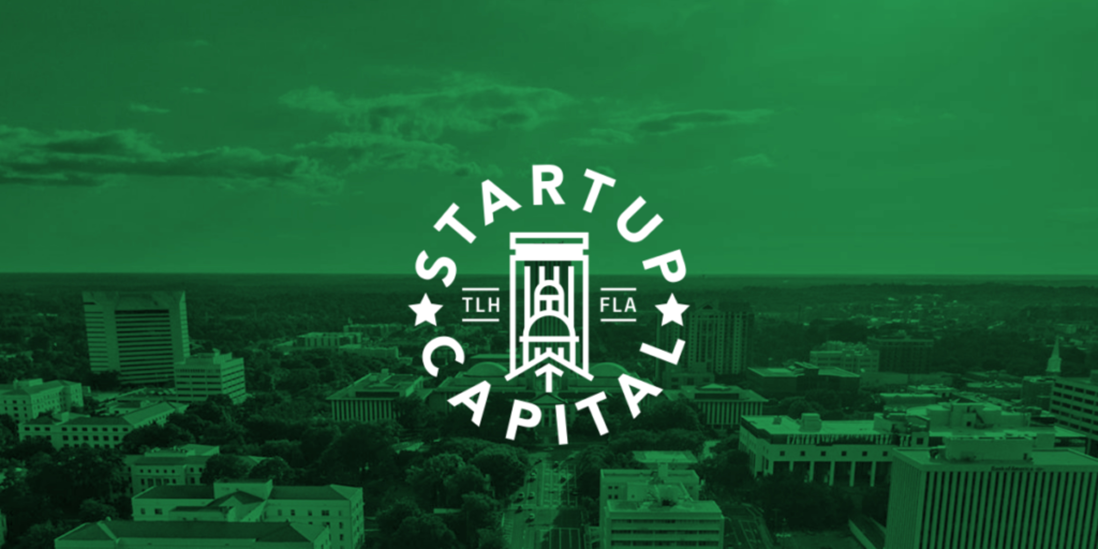 Podcast emblem of Startup Capital accentuated against the panorama of Tallahassee cityscape