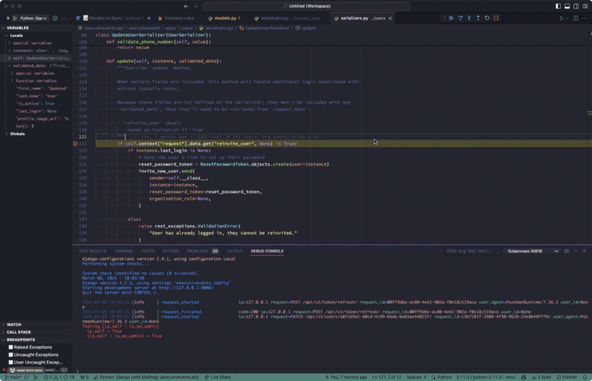 A screenshot of a code editor interface displaying Python code within a Django project, focused on a file named 'serializers.py'. The editor shows a class 'UpdateUserSerializer' with methods that include validation and update functionality. The theme of the editor is dark with code highlighted in different colors for readability. There is an output console at the bottom reporting on server status and recent requests, indicating that the development server is running. There are additional tabs and tools visible indicating that this is an Integrated Development Environment (IDE) with multiple features such as debugging and version control.
