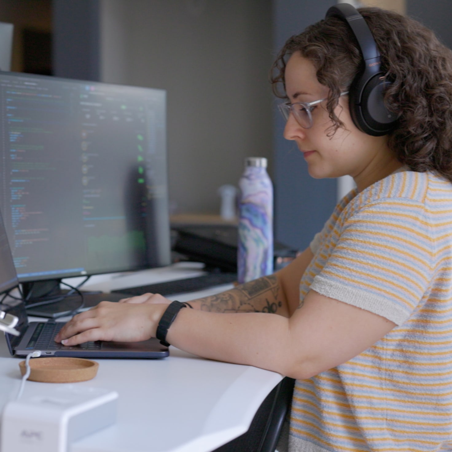 Marisa works on the code for an Android tablet application built with Kotlin.