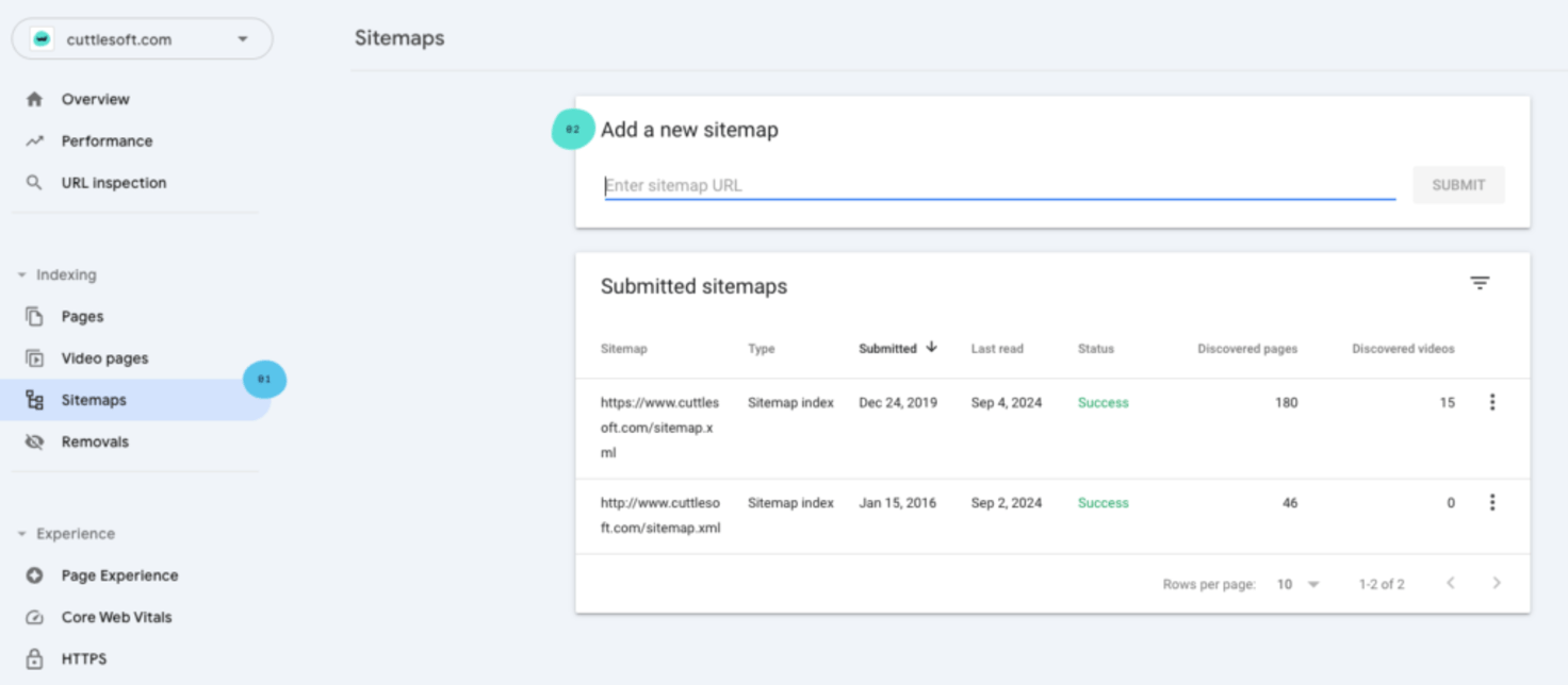 Google Search Console interface showing the process of submitting additional sitemap indices for a Next.js developed website. The screen displays the 'Sitemaps' section under the 'Index' menu in the left sidebar. In the main content area, there's a form with a text input field labeled 'Add a new sitemap'. Below the input field is a blue 'Submit' button. The image illustrates where to enter the URL of your dynamic sitemap index (e.g., 'https://yoursite.com/sitemaps/posts/sitemap.xml') created during Next.js development. Below the form, a table lists previously submitted sitemaps, their status, and the last date of submission. This step is crucial for ensuring search engines properly index dynamically generated content from your Next.js application, improving SEO performance for websites with frequently updated content or large numbers of pages.