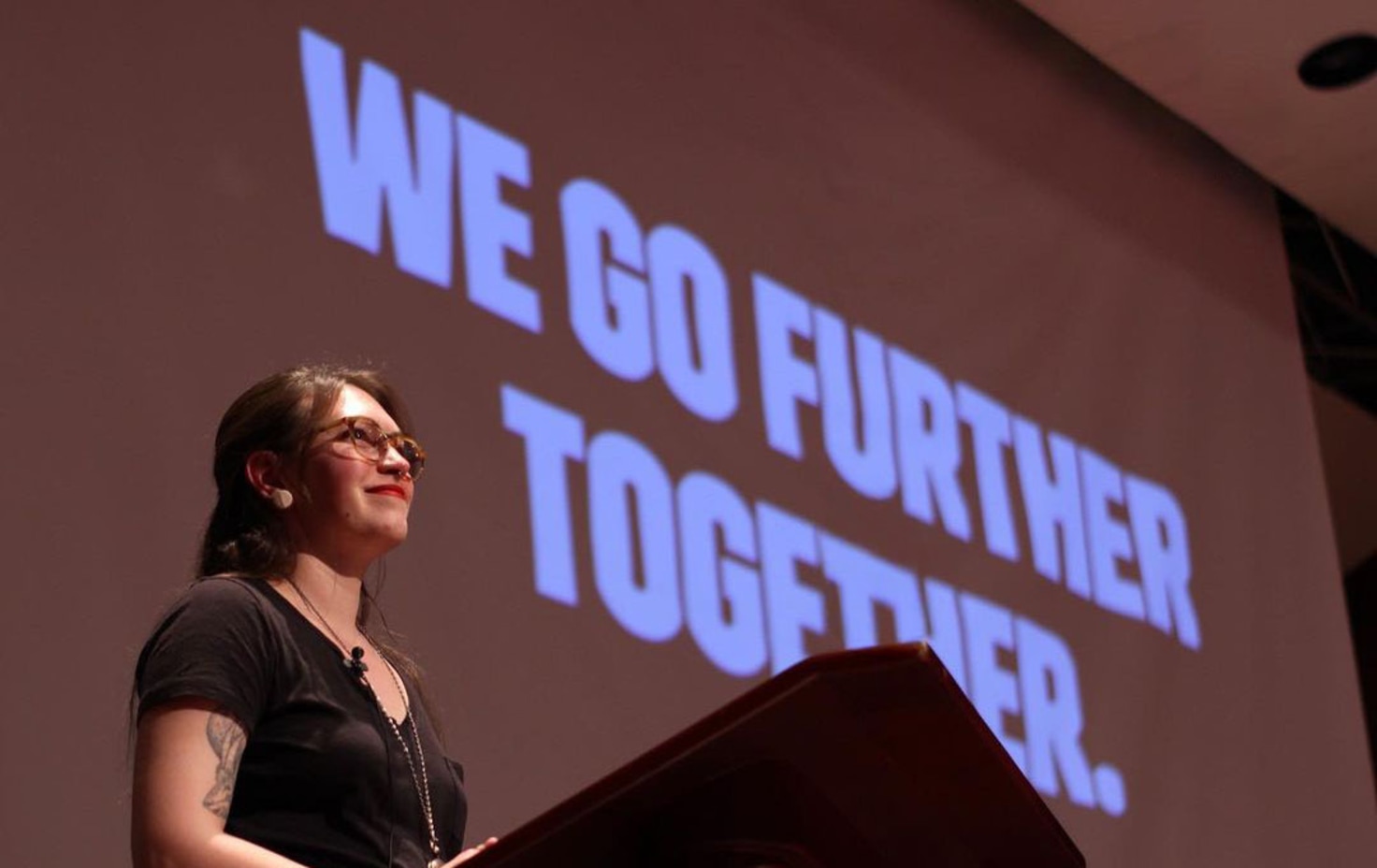 Emily delivering her keynote at PyCon Colombia, February 2020. The message behind her says it all - 'We Go Further Together.' Little did we know how much that would resonate in the months ahead.