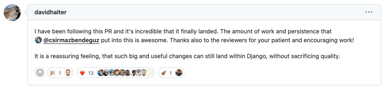 GitHub comment from davidhalter celebrating the successful merge of Django's composite primary keys PR, praising @csirmazbendeguz's persistence and the reviewers' patient work. The comment has received several emoji reactions including hearts and rocket ships.