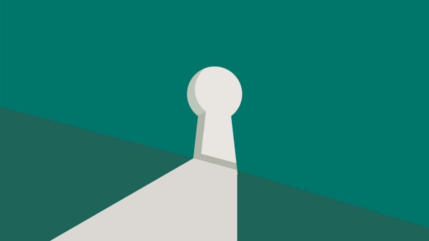 A minimalist illustration against a teal background shows a white keyhole rising from what appears to be a diagonal surface or slope. The clean, geometric design suggests unlocking solutions, breakthrough moments, or finding clarity after a long wait - fitting imagery for Django's 19-year journey to implement composite primary keys.